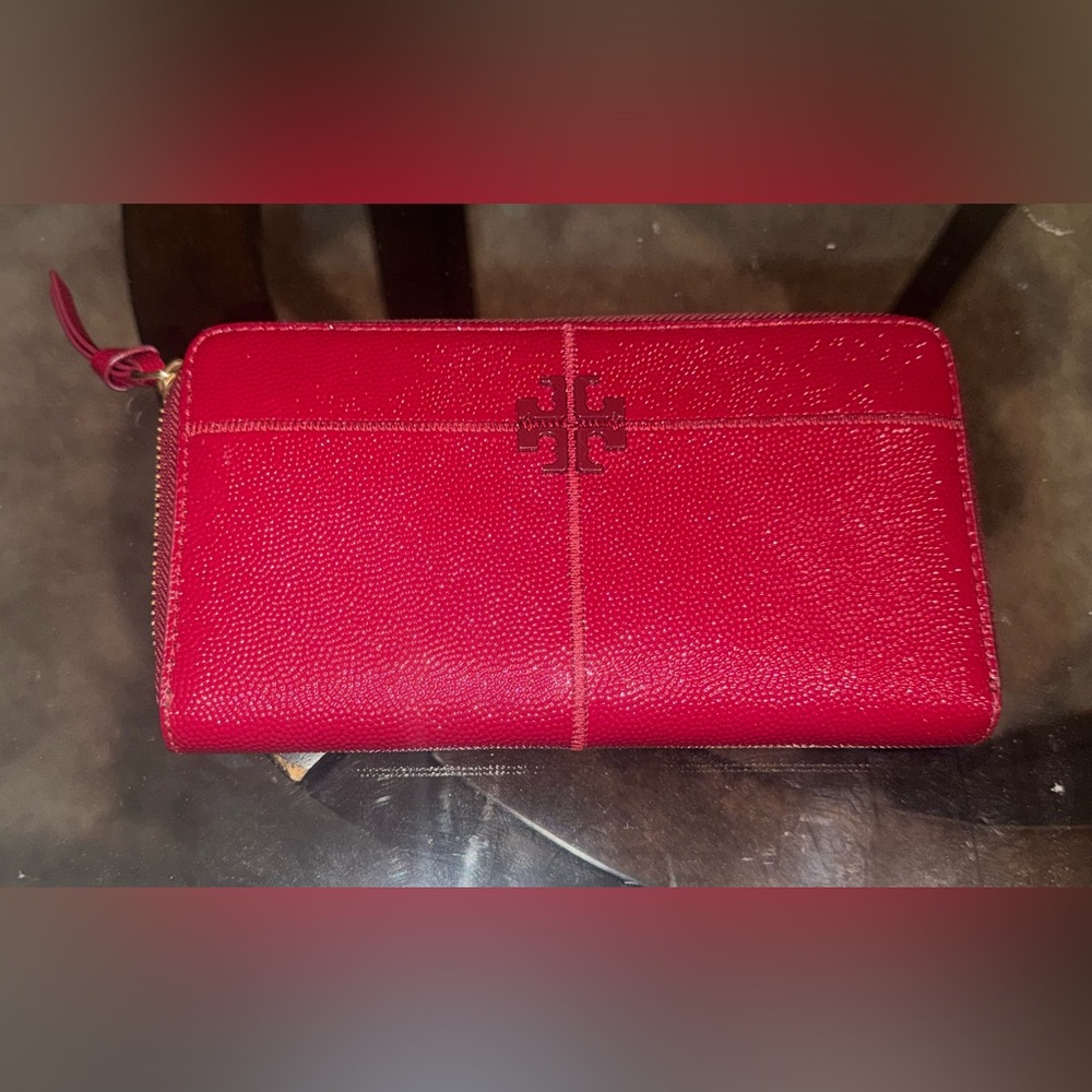 Tory Burch Bright Red Textured Zip Wallet